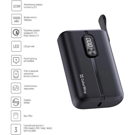 Батарея універсальна 10 000 mAh Full power (USB QC3.0 + USB-C Power Delivery 22.5, ColorWay, Китай: ціни та характеристики