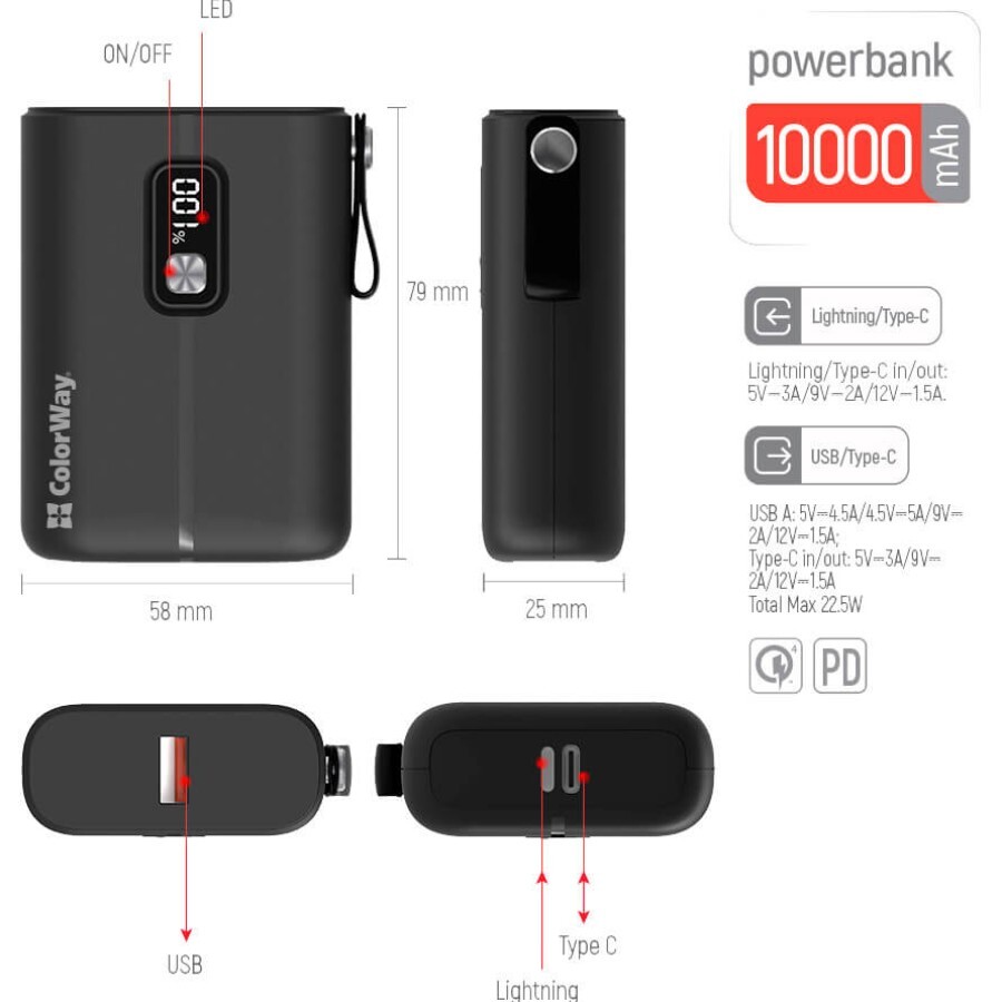 Батарея универсальная 10 000 mAh Full power (USB QC3.0 + USB-C Power Delivery 22.5, ColorWay, Китай: цены и характеристики