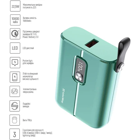 Батарея універсальна 10 000 mAh Full power (USB QC3.0 + USB-C Power Delivery 22.5, ColorWay, Китай: ціни та характеристики
