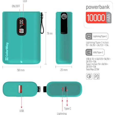 Батарея універсальна 10 000 mAh Full power (USB QC3.0 + USB-C Power Delivery 22.5, ColorWay, Китай: ціни та характеристики