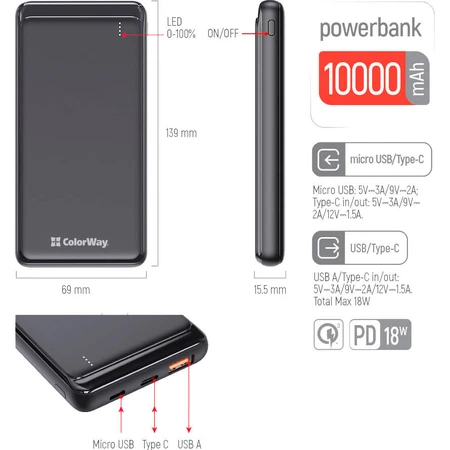 Батарея универсальная 10 000 mAh Slim (USB QC3.0 + USB-C Power Delivery 18W) Black, ColorWay, Китай: цены и характеристики
