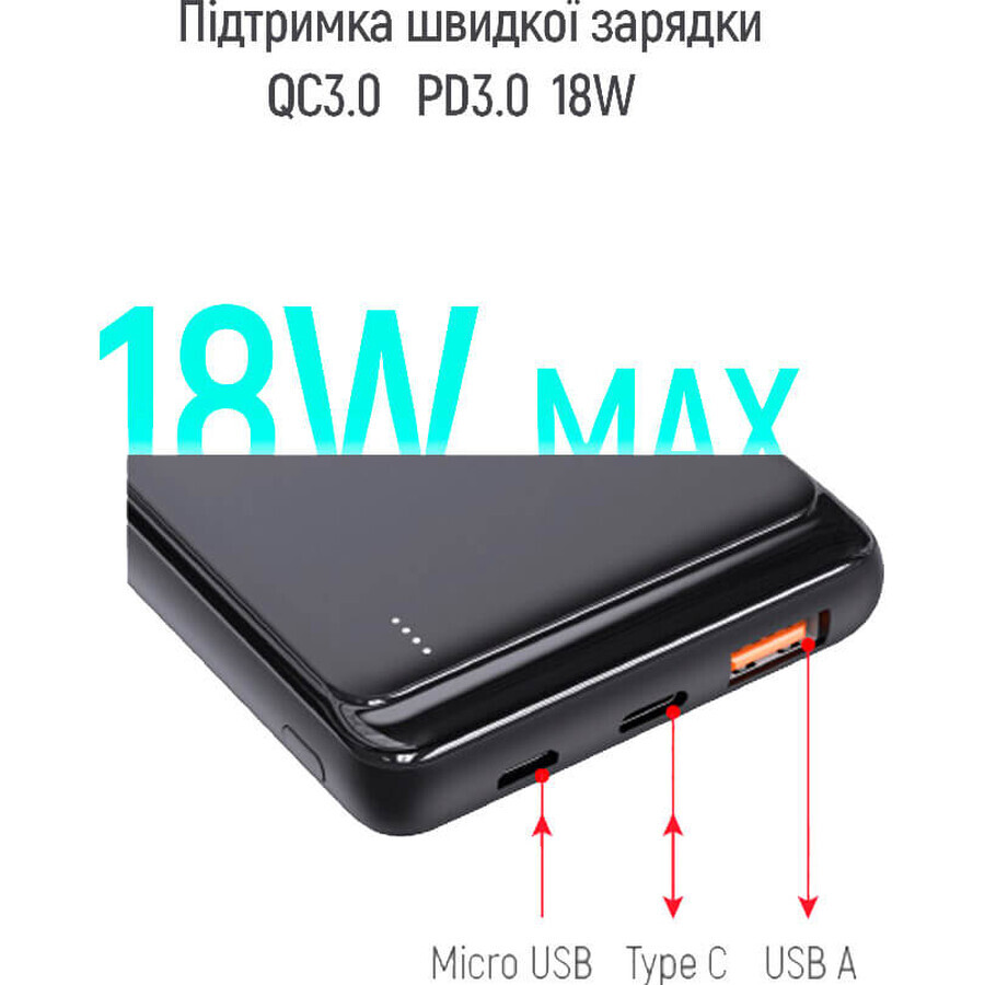 Батарея универсальная 10 000 mAh Slim (USB QC3.0 + USB-C Power Delivery 18W) Black, ColorWay, Китай: цены и характеристики