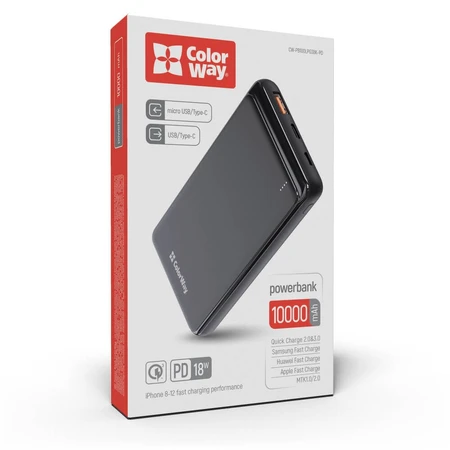 Батарея универсальная 10 000 mAh Slim (USB QC3.0 + USB-C Power Delivery 18W) Black, ColorWay, Китай: цены и характеристики