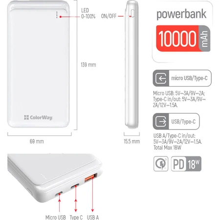 Батарея універсальна 10 000 mAh Slim (USB QC3.0 + USB-C Power Delivery 18W) White, ColorWay, Китай: ціни та характеристики