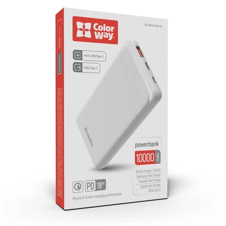 Батарея універсальна 10 000 mAh Slim (USB QC3.0 + USB-C Power Delivery 18W) White, ColorWay, Китай: ціни та характеристики