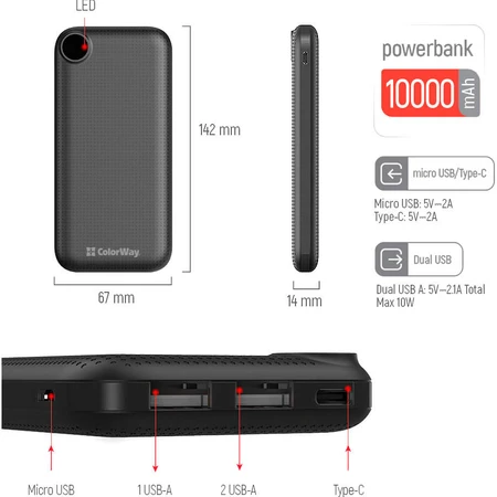 Батарея універсальна 10 000 mAh Slim, LCD, Black, ColorWay, Китай: ціни та характеристики