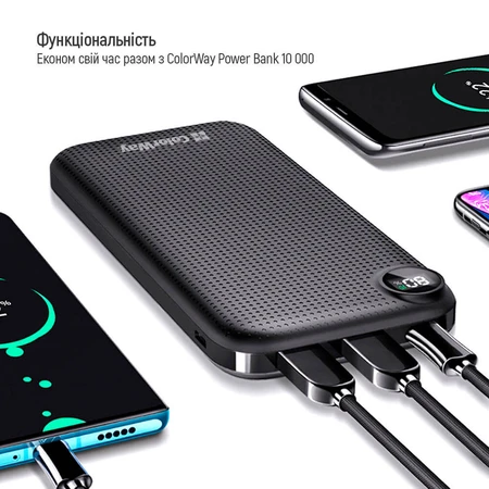 Батарея універсальна 10 000 mAh Slim, LCD, Black, ColorWay, Китай: ціни та характеристики