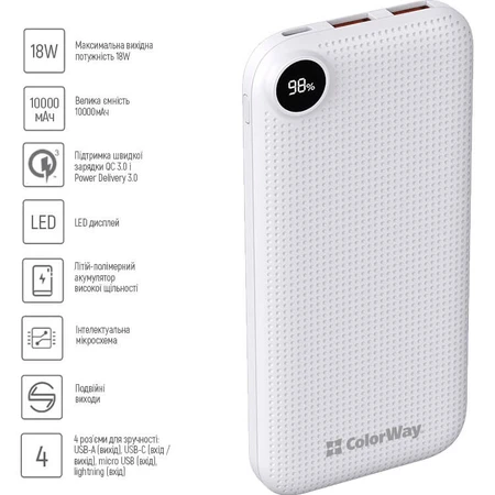 Батарея універсальна 10 000 mAh Slim, LCD, White, ColorWay, Китай: ціни та характеристики