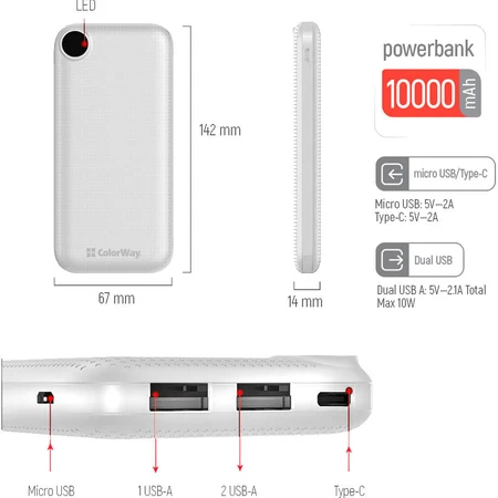 Батарея універсальна 10 000 mAh Slim, LCD, White, ColorWay, Китай: ціни та характеристики