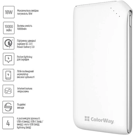 Батарея универсальная 10 000 mAh Soft touch (USB QC3.0 + USB-C Power Delivery 18W), ColorWay, Китай: цены и характеристики