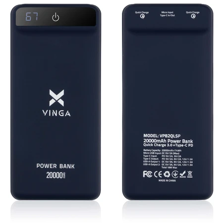 Батарея універсальна 20000 mAh QC3.0 Display soft touch purple, Vinga: ціни та характеристики
