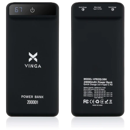 Батарея універсальна 20000 mAh QC3.0 Display soft touch black, Vinga: ціни та характеристики