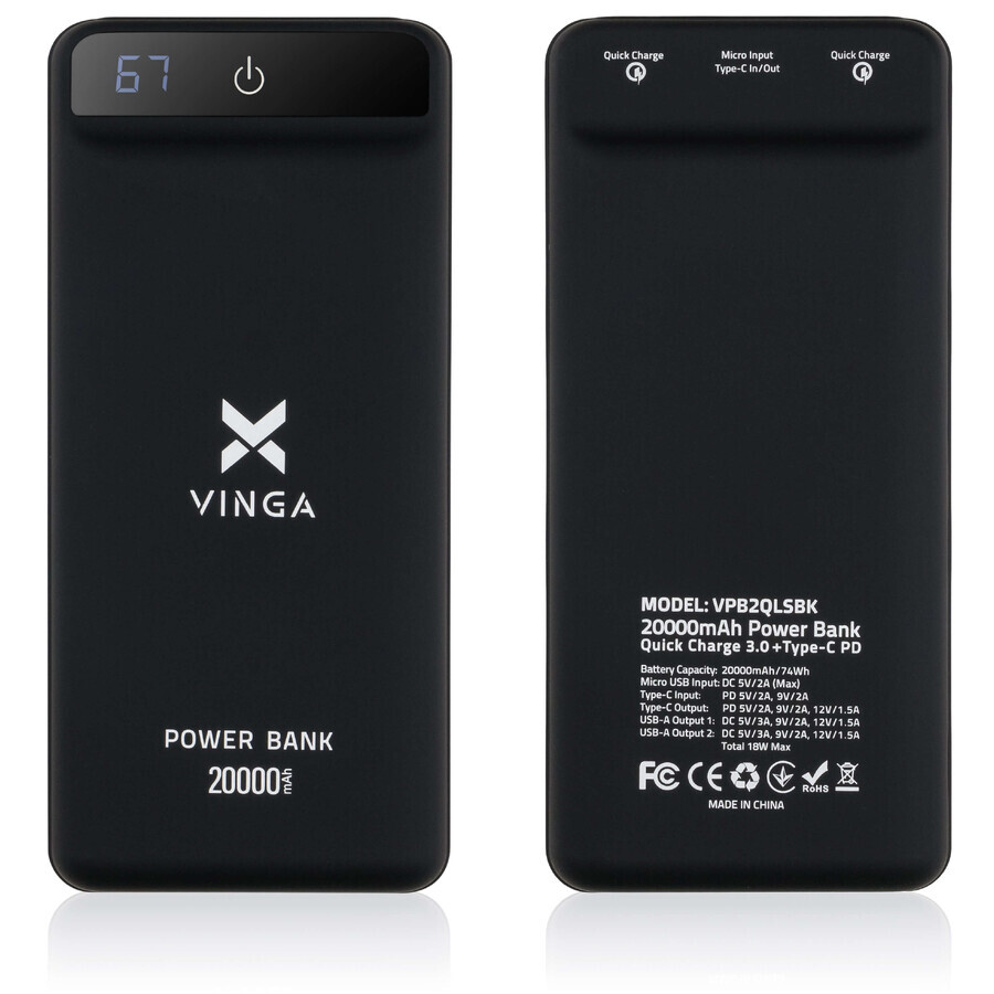 Батарея универсальная 20000 mAh QC3.0 Display soft touch black, Vinga: цены и характеристики