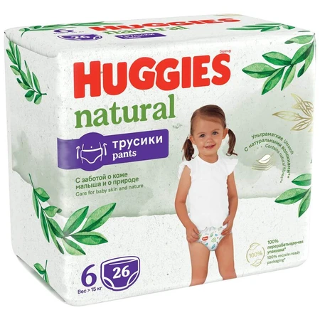 Подгузники-трусики Huggies Natural, размер 6, от 15 кг, 26 шт.: цены и характеристики