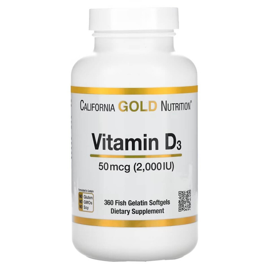 Вітамін D3, 50 мкг, Vitamin D3, California Gold Nutrition, 360 желатинових капсул: ціни та характеристики