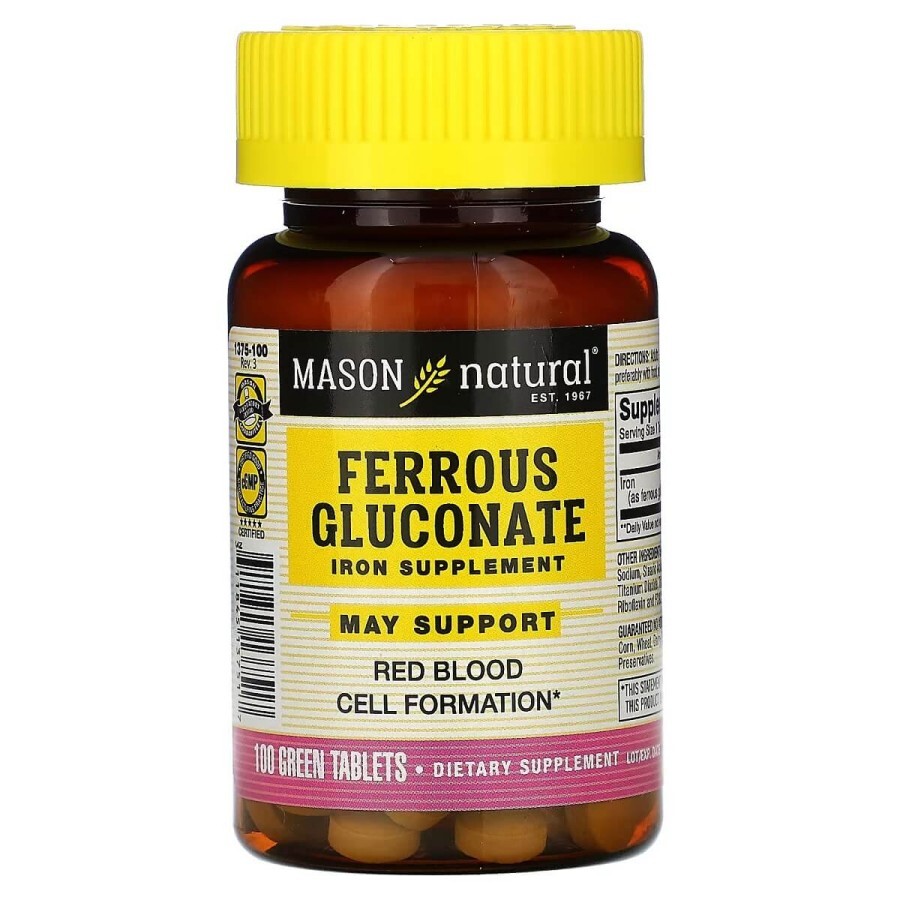 Глюконат железа, 240 мг, Ferrous Gluconate, Mason Natural, 100 таблеток: цены и характеристики