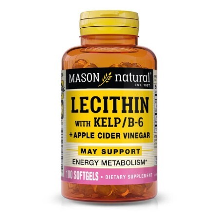 Лецитин с водорослями, витамином B6 и яблочным уксусом, Lecithin With Kelp/Vitamin B 6 Plus Cider Vinegar, Mason Natural, 100 гелевых капсул