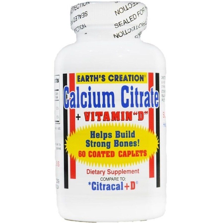 Кальций Цитрат и Витамин Д3 Earth`s Creation (Calcium Citrate + Vitamin "D"), 60 каплет: цены и характеристики