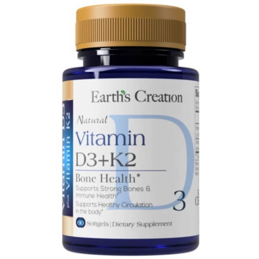 Вітамін Д+К2 Earth's Creation Vitamin D3+K2, 60 софт гель: ціни та характеристики