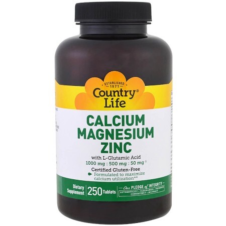 Кальций, Магний и Цинк с L-Глютамином, Calcium Magnesium Zync, Country Life, 250 таблеток