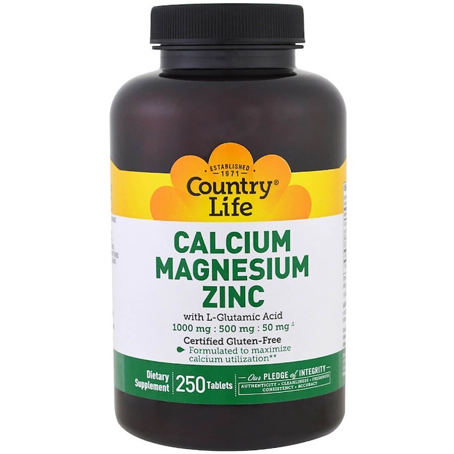 Кальцій, Магній та Цинк з L-Глютаміном, Calcium Magnesium Zync, Country Life, 250 таблеток: ціни та характеристики
