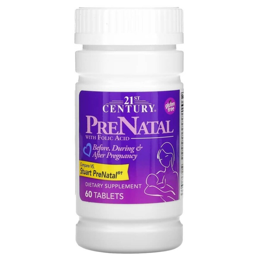 Комплекс для вагітних і годуючих з фолієвою кислотою, PreNatal with Folic Acid, 21st Century 60 таблеток: ціни та характеристики