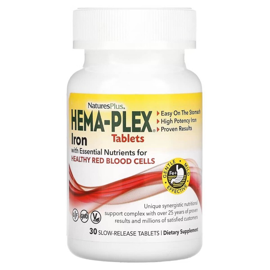 Залізо з незамінними поживними речовинами для здорових еритроцитів повільного вивільнення, Hema-Plex, Iron with Essential Nutrients for Healthy Red Blood Cells, Natures Plus, 30 таблеток: ціни та характеристики