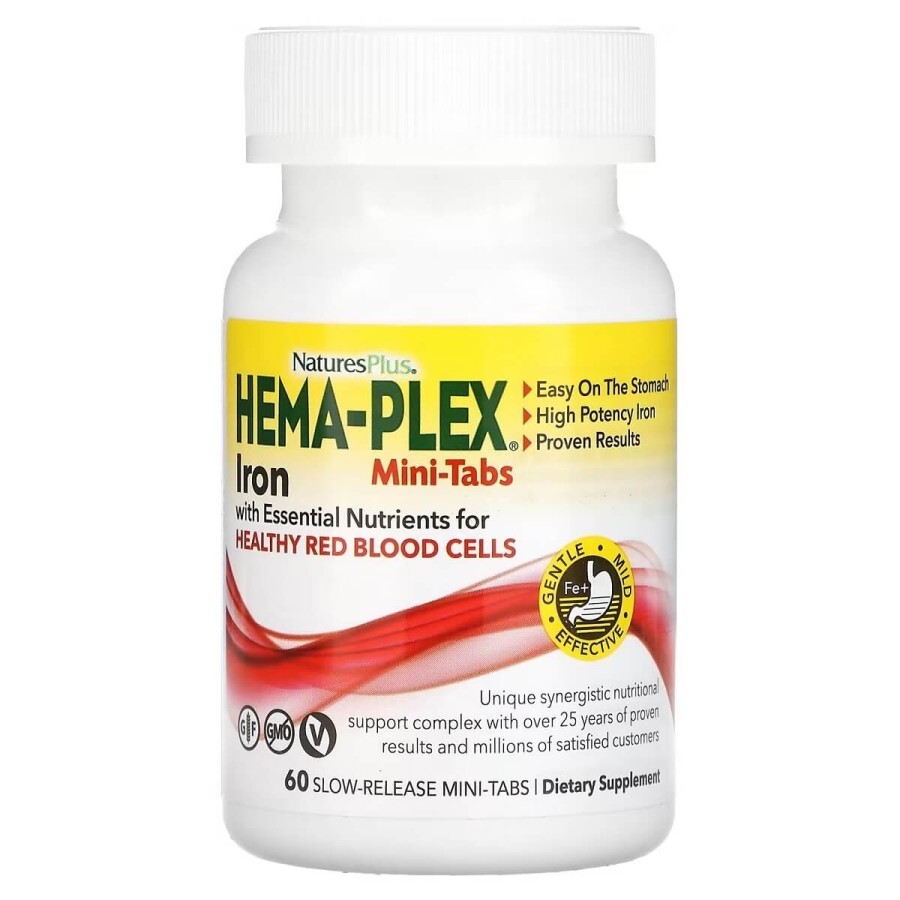 Залізо з незамінними поживними речовинами Hema-Plex, Iron with Essential Nutrients for Healthy Red Blood Cells, Natures Plus, 60 міні-таблеток: ціни та характеристики