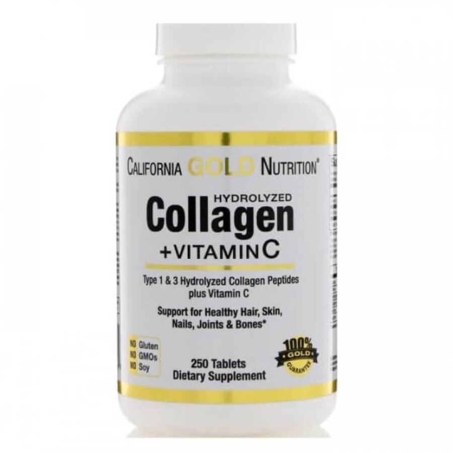 Колаген Гідролізовані пептиди + Вітамін С, Hydrolyzed Collagen Peptides + Vitamin C, Type I & III, California Gold Nutrition, 250 таблеток: ціни та характеристики
