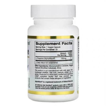 L-Теанин, 100 мг, L-Theanine, Supports Relaxation, California Gold Nutrition, 30 вегетарианских капсул: цены и характеристики