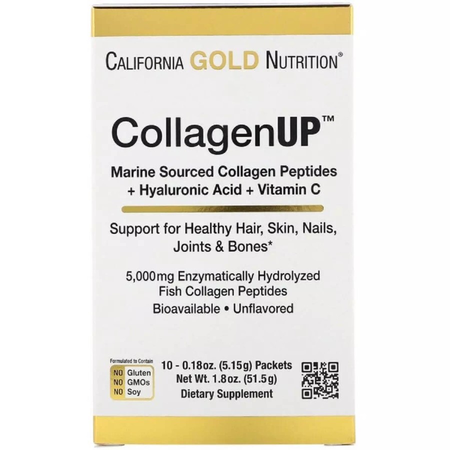 Морський гідролізований Колаген + Гіалуронова кислота + Вітамін C, без ароматизаторів, CollagenUp, California Gold Nutrition, 10 пакетів кожен по 5,15 г (0,18 унції): ціни та характеристики