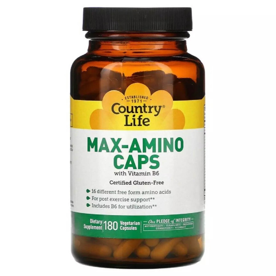 Комплекс Амінокислот з Вітаміном B6, Max-Amino Caps, Country Life, 180 вегетаріанських капсул: ціни та характеристики
