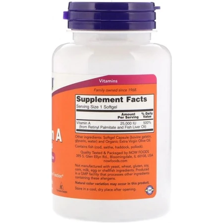 Вітамін А, Vitamin A, Now Foods 25,000 МО, 250 желатинових капсул: ціни та характеристики