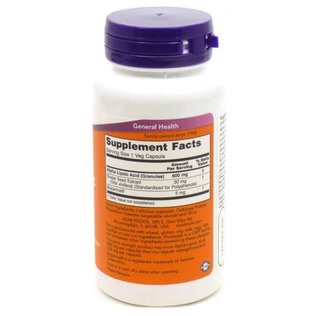 Альфа-ліпоєва кислота 600мг, Alpha Lipoic Acid, Now Foods, 60 капсул: ціни та характеристики