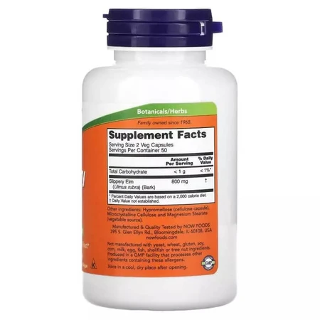 Слизький в'яз, 400 мг, Slippery Elm, Now Foods, 100 вегетаріанських капсул: ціни та характеристики