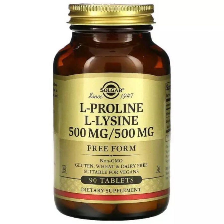 Пролин/Лизин, L-Proline/L-Lysine, Free Form, Solgar, 500 мг/500 мг, 90 таблеток: цены и характеристики
