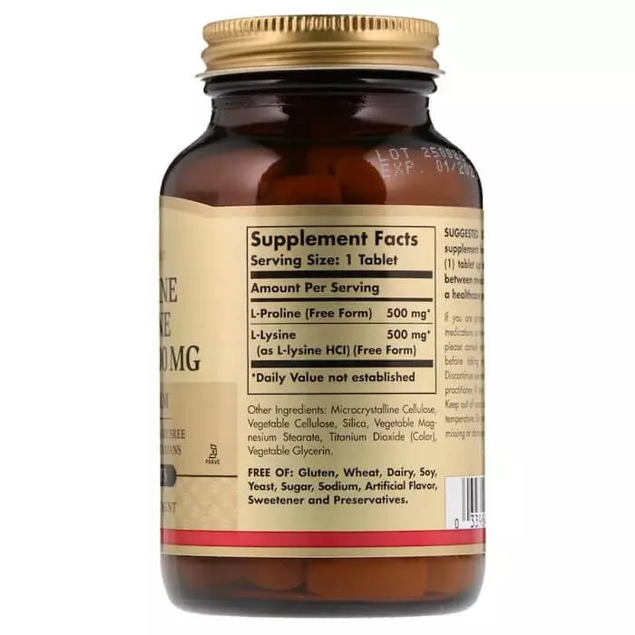 Пролин/Лизин, L-Proline/L-Lysine, Free Form, Solgar, 500 мг/500 мг, 90 таблеток: цены и характеристики