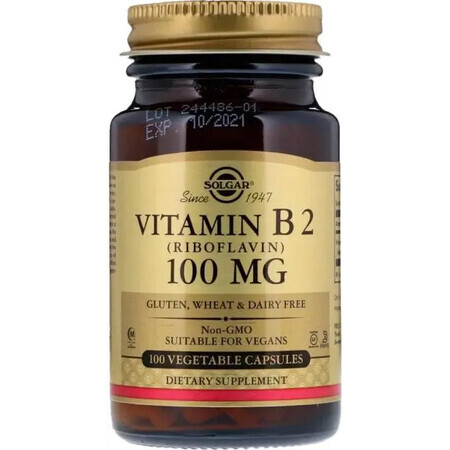 Витамин B2 (рибофлавин), Vitamin B2 (Riboflavin), 100 мг, Solgar, 100 вегетарианских капсул