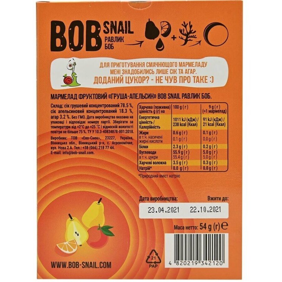 Мармелад натуральный Bob Snail Груша-апельсин, 54 г: цены и характеристики
