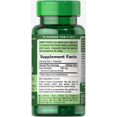 Со пальметто, Saw Palmetto, Puritan's Pride, 450 мг, 100 капсул: ціни та характеристики