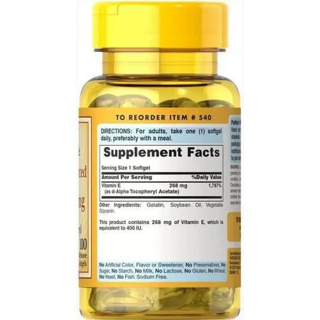 Витамин Е, Vitamin E, Puritan's Pride, натуральный, 400 МЕ, 100 гелевых капсул: цены и характеристики