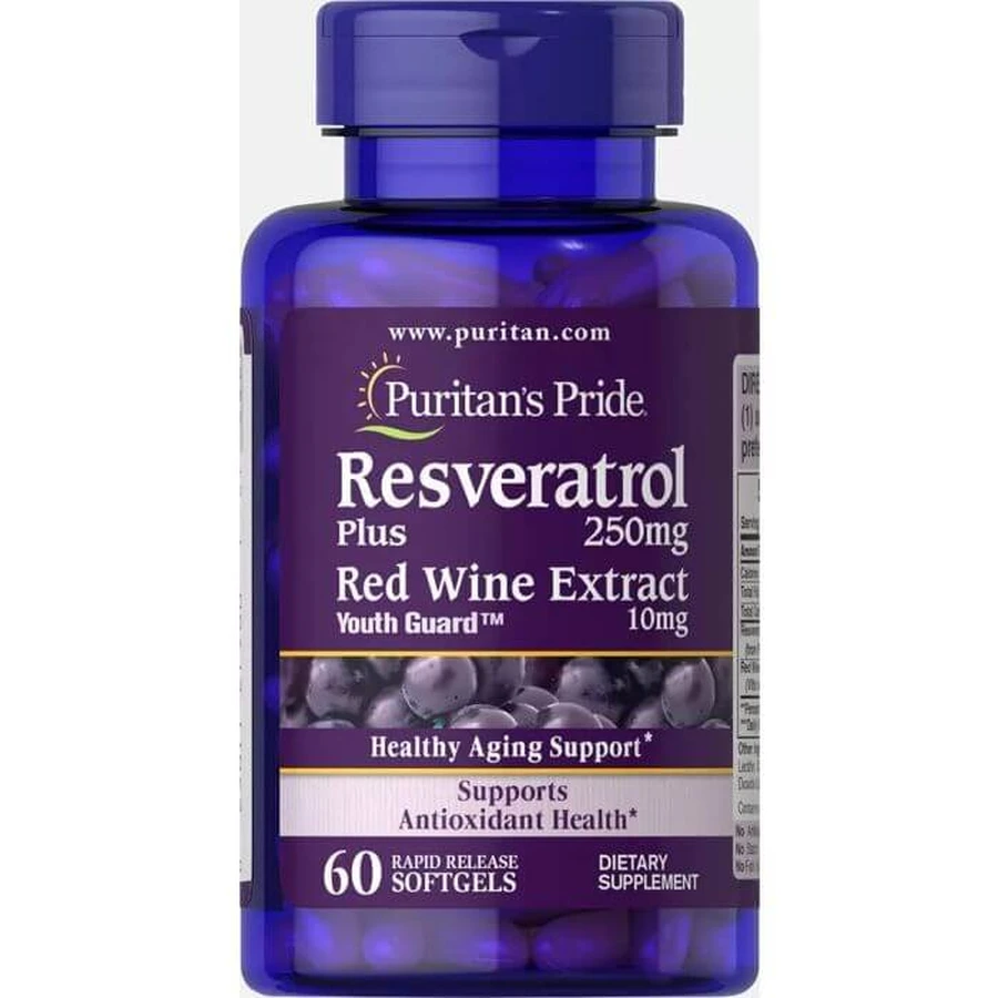 Ресвератрол, Resveratrol, Puritan's Pride, 250 мг, 60 гелевых капсул: цены и характеристики