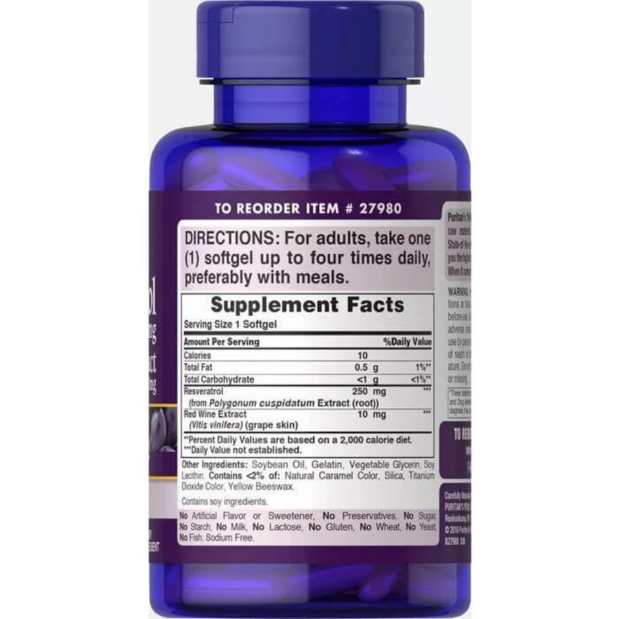 Ресвератрол, Resveratrol, Puritan's Pride, 250 мг, 60 гелевых капсул: цены и характеристики
