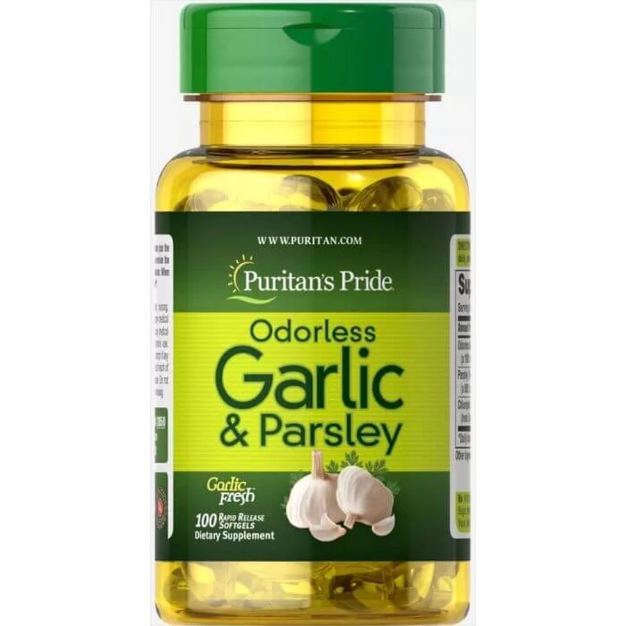 Часник і петрушка, Odorless Garlic & Parsley, Puritan's Pride, 500 мг / 100 мг, без запаху, 100 гелевих капсул: ціни та характеристики