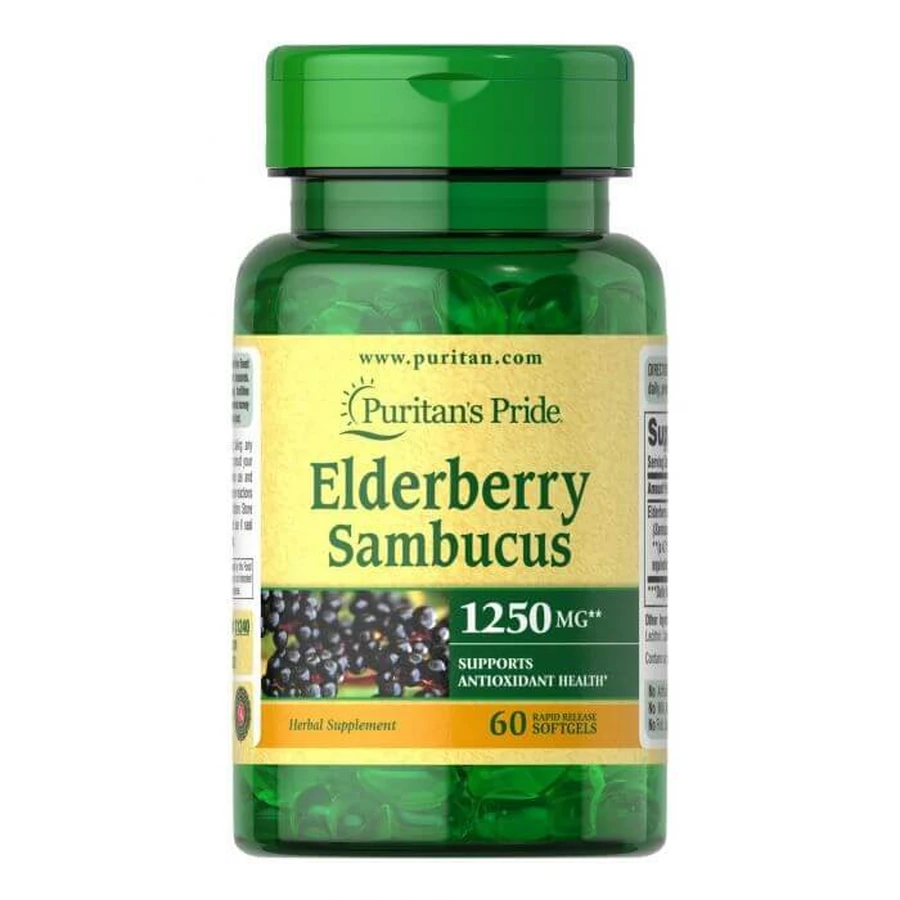 Чорна бузина, Elderberry Sambucus, Puritan's Pride, 1250 мкг, 60 гелевих капсул: ціни та характеристики