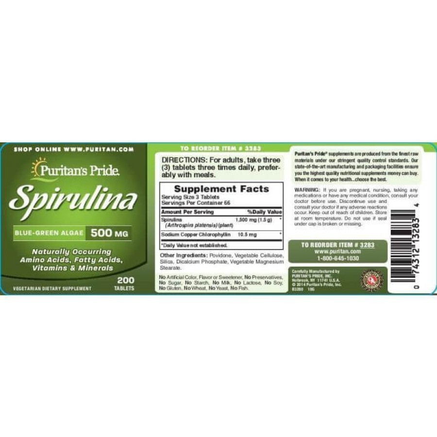 Спіруліна, Spirulina, Puritan's Pride, 500 мг, 200 таблеток: ціни та характеристики