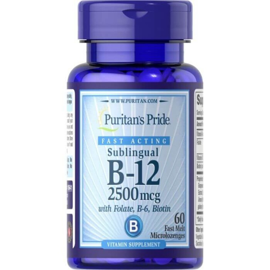 Витамин B-12 с фолиевой кислотой, витамином B-6 и биотином, Sublingual Vitamin B-12, Puritan's Pride, сублингвальный, 2500 мкг, 60 микроледенцов: цены и характеристики