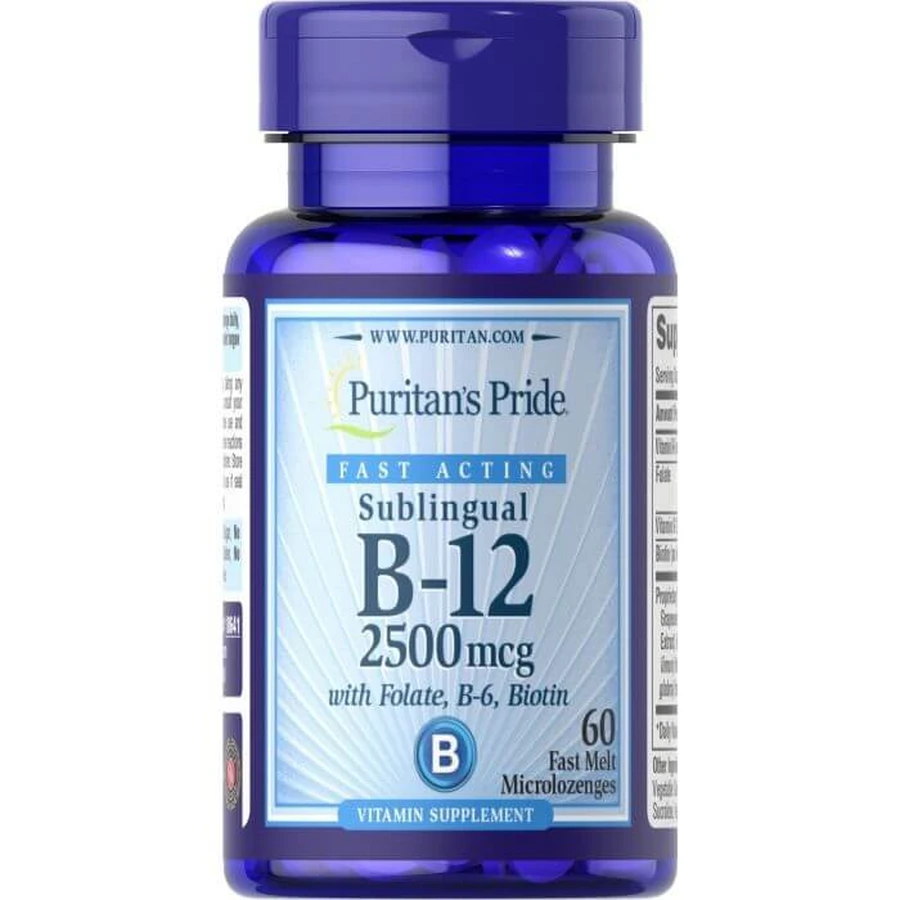 Вітамін B12 з фолієвою кислотою, вітаміном B6 і біотином, Sublingual Vitamin B12, Puritan's Pride, сублінгвальний, 2500 мкг, 60 мікроледенців: ціни та характеристики