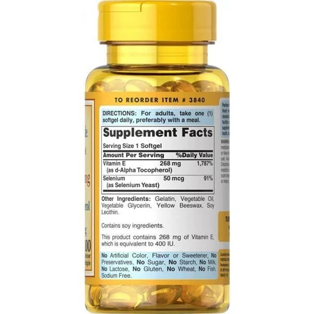 Вітамін Е з селеном, Vitamin E, Puritan's Pride, 400 МО, натуральний, 100 гелевих капсул: ціни та характеристики