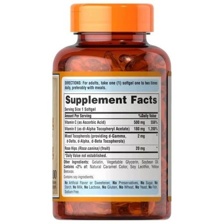 Вітамін C і Е з шипшиною, Vitamin C & E, Puritan's Pride, 500 мг / 400 МО, 100 гелевих капсул: ціни та характеристики